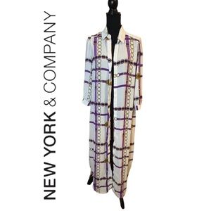 NY&C Chic White and Purple Chain Motif Long Sheer Duster